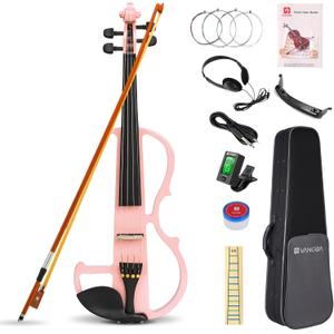 Vangoa Electric Violin 4/4 Full Size Silent Violin Set for Beginner Adults Teens, Solid Maple Wood Metallic Electronic Quite Violin with Ebony Fittings, Pink