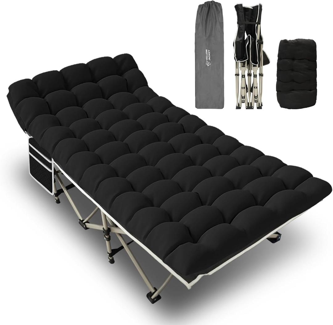 YELLOW JACKET Camping Cot with Mattress for Adults, Upgraded 32" Wide Folding Sleeping Cot, Portable Camping Cot with Carry Bag, Cot for Camping 600lbs Max Load, Home, Office, Travel (Black)