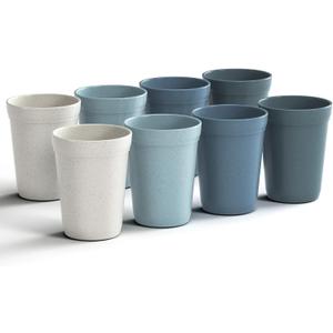 Homestockplus 12 Oz Plastic Cups Reusable, Set of 8 Wheat Straw Drinking Cups, Microwave and Dishwasher Safe Unbreakable Water Cups for Kitchen, Home, Office, and Outdoor Use (Gradient Blue Grey)