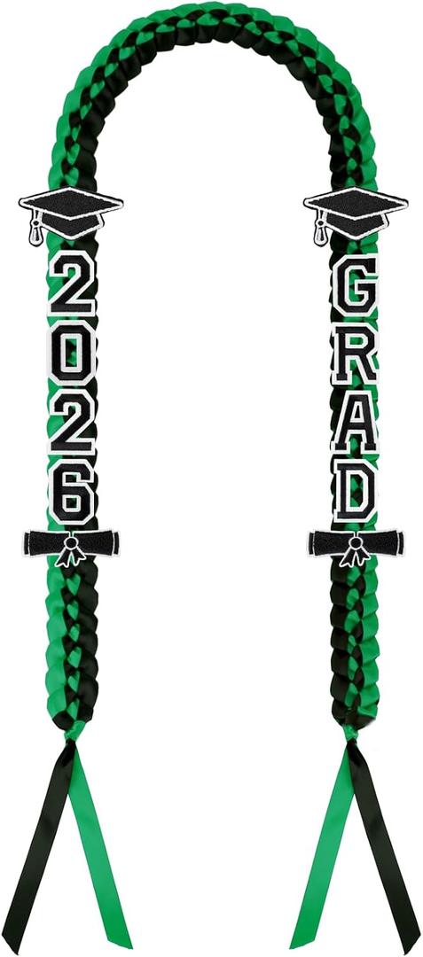 Graduation Leis 2026, Class of 2026 Grad Ribbon Leis with Pins, Grad Necklace Handmade Braided Necklace, Graduation Gifts for Women and Men (Black & Green)