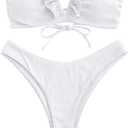 ZAFUL Women's Strapless Ribbed V Wired Lace Up Ruffle Tie High Cut Bandeau Swimsuits Bikini Set, M