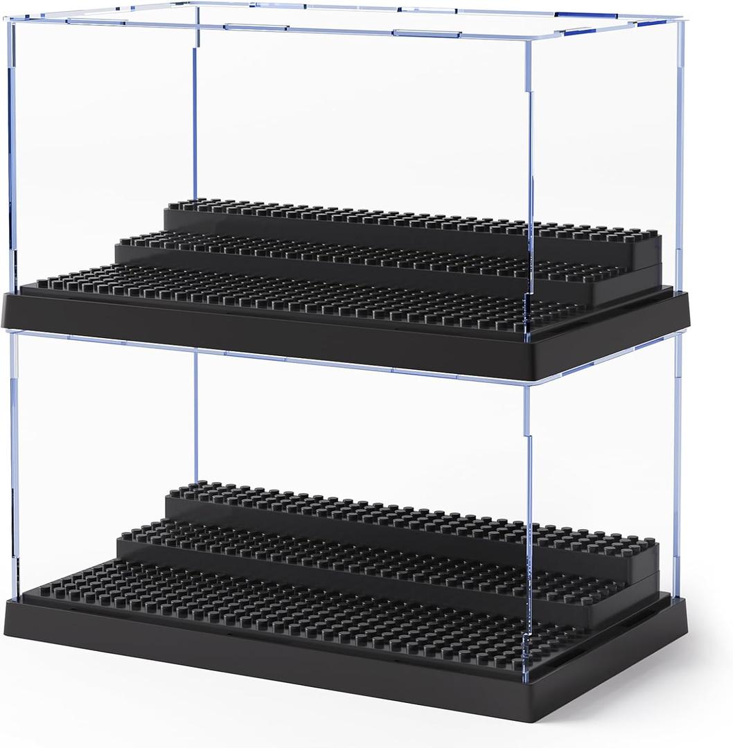 2 Pack Minifigure Display Case for Action Figures Blocks, Clear Dustproof Acrylic Display Box Storage with 3 Movable Steps Gifts for Children,Black