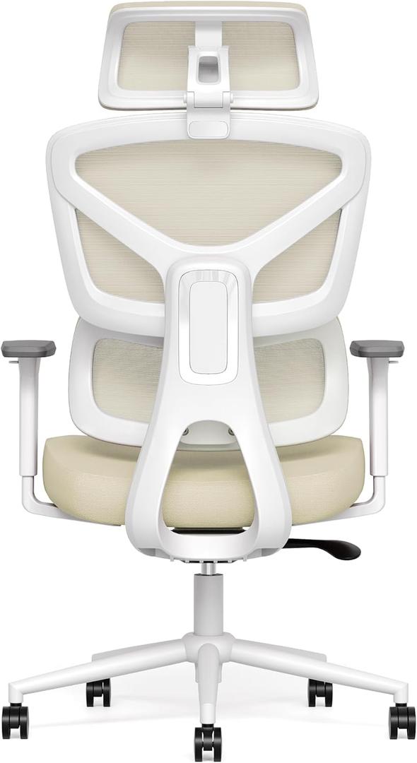 Ergonomic Office Chair, High Back Mesh Desk Chair with 4-Position Height Adjustable Back, 3D Armrests, Adaptive Lumbar Support, 3-Level Tilt Function, 3D Headrest, Comfy Computer Gaming Chairs (Beige Mesh White Frame)