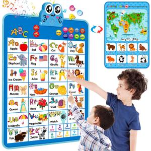 Electronic Interactive Double-Sided Alphabet Wall Chart, Talking ABC & 123 & Music & Learning Poster, Educational Toddlers Toys for Ages 3-4 Kids Gift, Best for Preschool Boys & Girls(Blue)