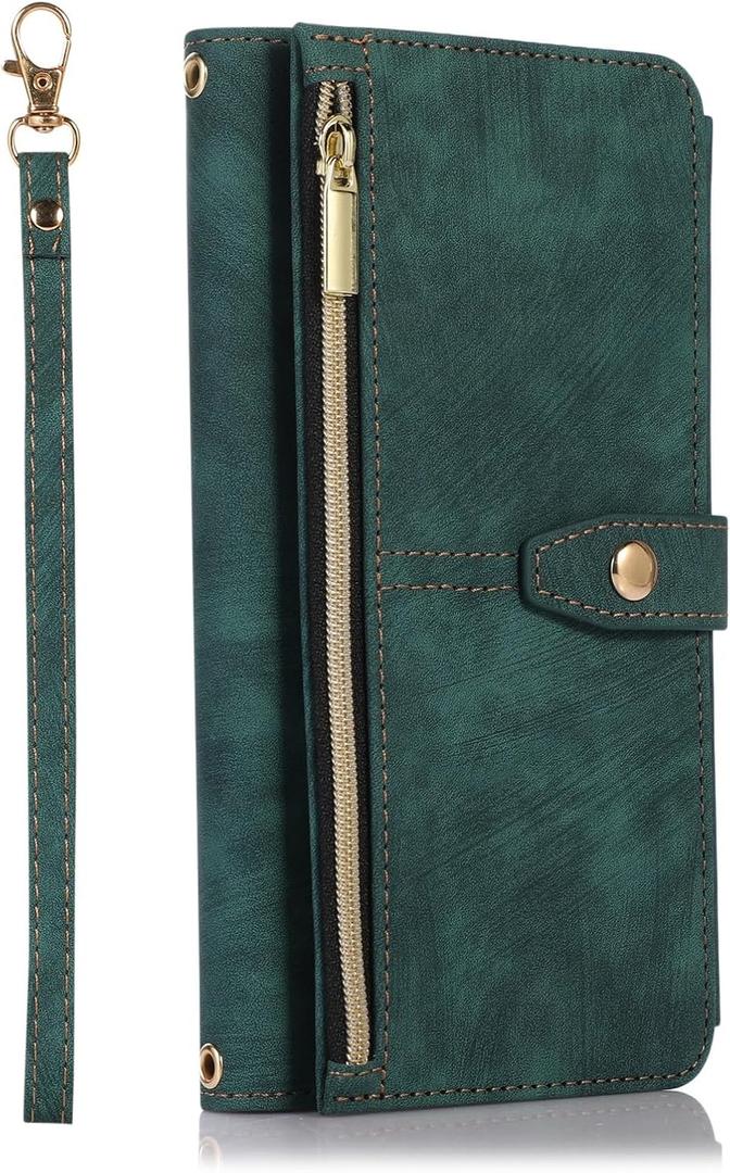TOOVREN Phone Case for iPhone 16 Pro Max Case with Wallet Strap Lanyard Case fits Phone 16 Pro Max Wallet Case with Card Holder Stand Leather Cover Adjustable for Women & Men 6.9 Inch Green