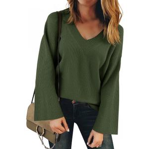 Yousify Womens V Neck Oversized Sweaters Long Sleeve Knit Pullover Trendy Casual Chunky Sweater (Medium, Army Green)
