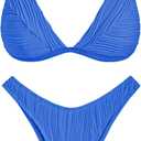 ZAFUL Bikini Sets for Women Triangle Textured Plunging High Cut Cheeky Bikini Swimsuits Two Piece Bathing Suits (Blue, L)