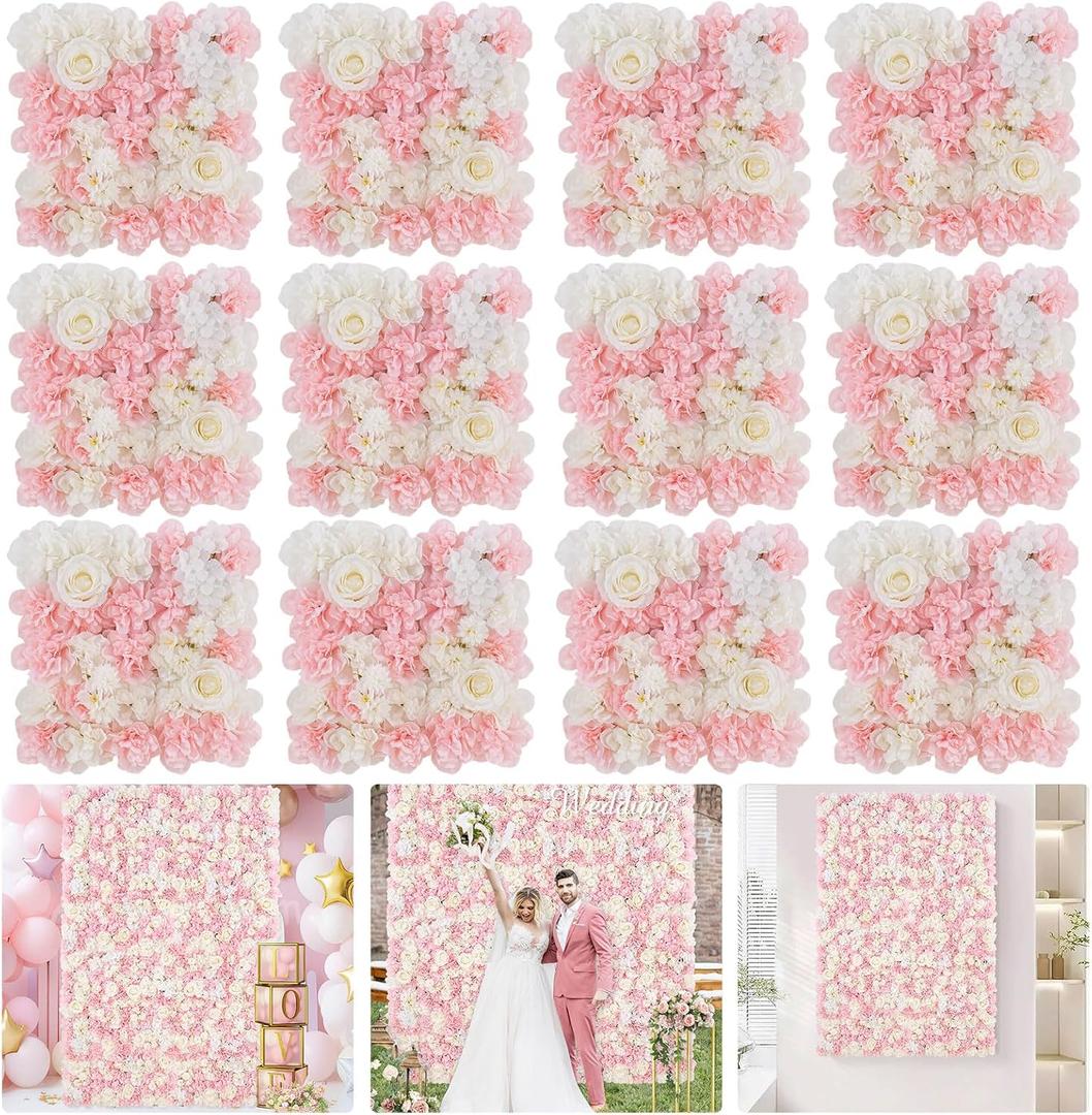 Pink Flower Wall Backdrop Wedding: 12 Packs 15x15 Inches 3D Floral Rose Wall Panels - Party Event Background Bridal Shower Decorations