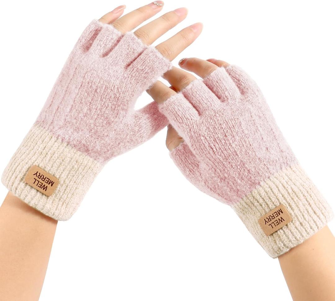 Fingerless Gloves for Women - Winter Knitted Half Finger Gloves for Typing Driving Fingerless Mittens (Pink)