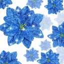 36 Pieces Christmas Glitter Poinsettia Flowers Faux Flowers Wedding Glitter Christmas Tree New Year Ornaments (Blue)