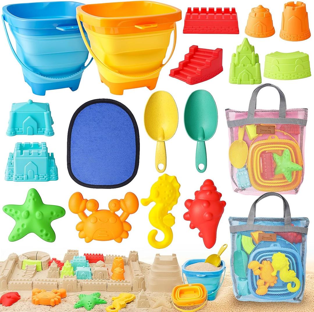 LovesTown Collapsible Beach Toys for Kids, Collapsible Sand Bucket and Shovels Set with Mesh Bag & Sand Molds, Beach Vacation Essentials, 19PCS