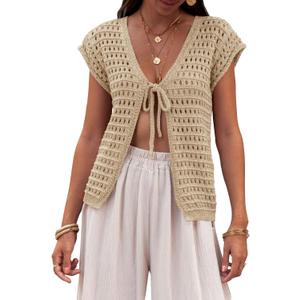 Saodimallsu Womens Tie Crochet Shrug Short Sleeve Open Front Lightweight Knit Cropped Cardigan Sweaters Cover Up (Small, Apricot)