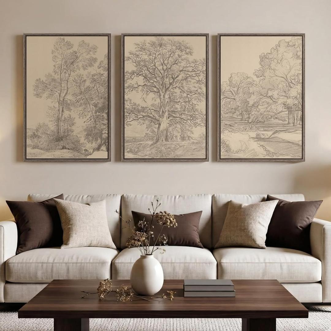 Large Framed Vintage Neutral Tree Sketch Wall Art for Living Room, 20x30 In, 20" W x 30" H x 3Pcs
