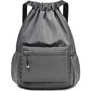 Drawstring Backpack for Women, Waterproof Drawstring Gym Bag for Men, Small Cinch Sack for Basketball, Pull String Sport Bag for Soccer. (Grey)