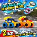 Team Power Monster Truck Toys Drone Warrior, Disc-Launching 2-Pack 5.2" Battle Trucks with Pull-Back Motors, Age 3, 4-7 and Above for Boys & Girls