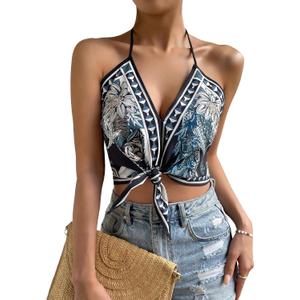 Floerns Women's V Neck Floral Print Knot Tie Front Backless Halter Summer Crop Tops (Black) XS