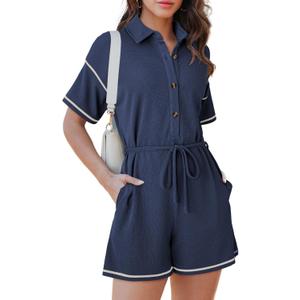 Dokotoo Womens 2025 Summer Casual Button Up Short Sleeve Drawstring Waist Shorts Jumpsuits Striped Rompers with Pockets (XX-Large, Navy Blue)