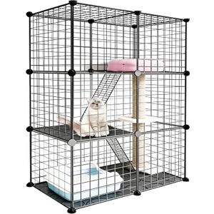 DIY Modular Cat Playpen 2x3x1 Grid | Compact Indoor Cat Enclosure | Foldable Black Wire Metal Cat Cage with Multi-Level Shelves | Fits 1 Cat (43.7" x 29.5" x 15.35")