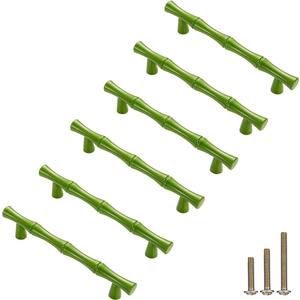 6Pcs Bamboo Shape Solid Zinc Alloy Cabinet Knobs Handles, Dresser Drawer Cabinet Cupboard Closet Door Pulls Decorative Furniture Accessories Knobs (Length 4.9"/Hole Distance 3.8", Green)