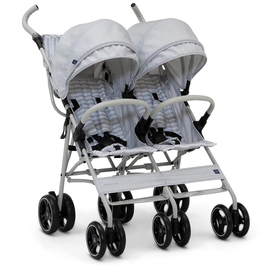 GAP babyGap Classic Side-by-Side Double Stroller - Lightweight Double Stroller with Recline, Extendable Sun Visors & Compact Fold - Made with Sustainable Materials, Grey Stripes