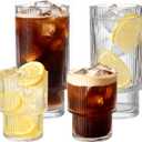 Ribbed Drinking Glasses Set of 4, Stackable Cute Kitchen Glasses Cups 16oz and 7oz Iced Coffee Glasses cocktail Glass cup for Water, Beverage, Whiskey