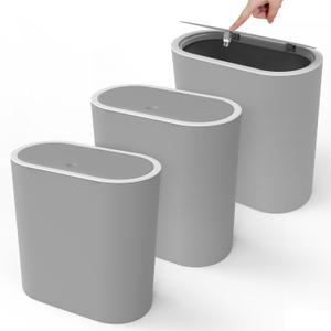 Naisu 15 Liter Rectangular Plastic Can Wastebasket with Press Type Lid,4 Gallon Slim Plastic Bin, Can Waste Bins for Bedroom, Bathroom, Office, Kitche, Powder RoomGrey