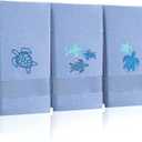 Hahafelt 3 Pack Sea Turtle Coastal Hand Towels for Bathroom 100% Cotton Embroidered Beach Bathroom Towels 13.78 x 29.53 Inch Soft Absorbent Ocean Turtle Bath Towel Gift for Holiday Summer, Blue