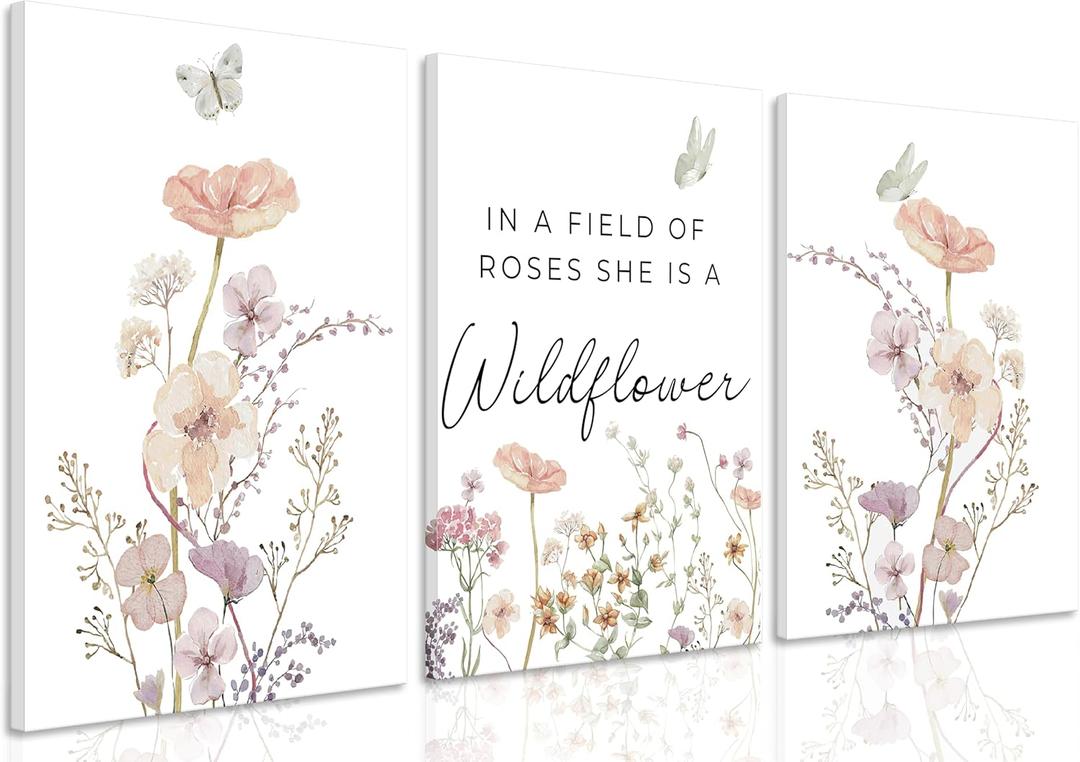 3Pcs Framed Pink Wildflower Wall Art grace Botanical Floral Canvas Posters Prints Inspirational language paintings Flying butterfly pictures Wall Decor for Bedroom Bathroom Living Room Decoration (16x24)