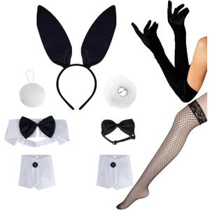 Bunny Costume Set - Ear Headband, Collar Cuffs, Rabbit Tail & Accessories for Halloween & Easter (9 Pcs Black)
