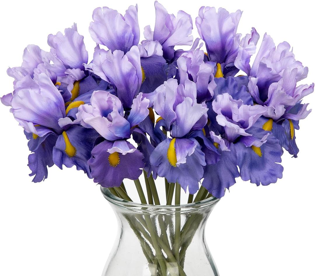 Hollyone Iris Artificial Flowers 15Pcs Faux Iris Light Purple Flowers 14.2" Real Touch Fake Flowers Picks Bouquets for Wedding Bridal Home Arrangements Office Table Centerpieces Decor
