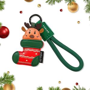 Leather Christmas Keychain, Handmade Genuine Leather Gift Key Chain for Men Women, Christmas Ornament Car Keyrings (Christmas Deer & Shoes)