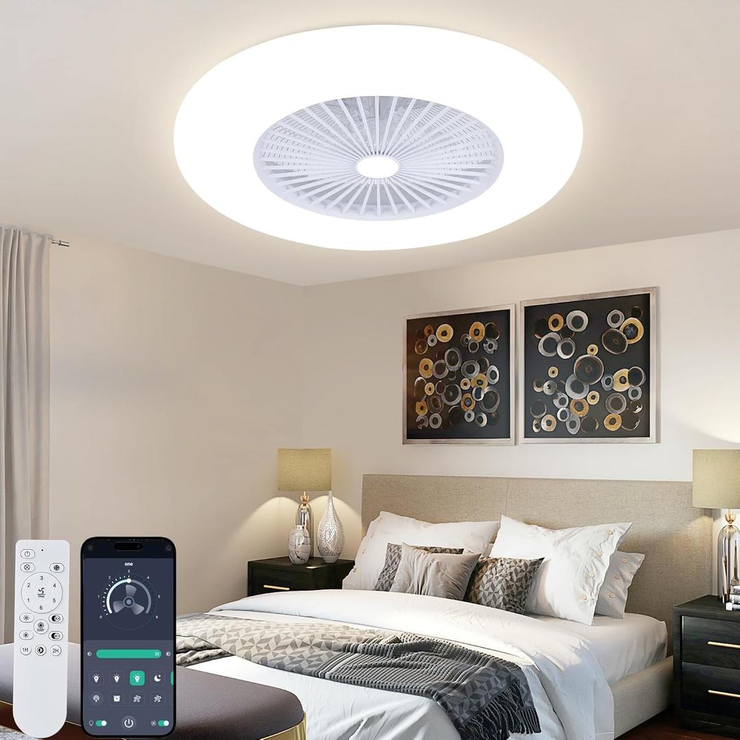 24" Bladeless Ceiling Fan with Light, Low Profile Flush Mount, 3 Color Dimmable Smart LED, 6 Speeds Timing Reversible, Modern Enclosed Ceiling Fan Remote & APP Control (White)