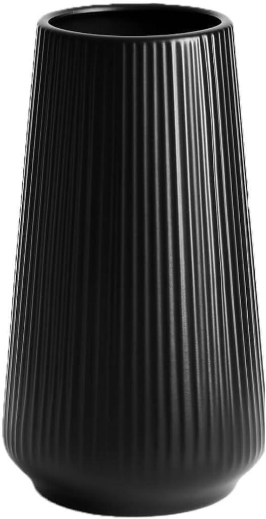 Luxury Black Ceramic Vase, Modern Ribbed Fluted Design, Flower Vase for Home Decor, Small Cute Vase for Pampas Grass, Living Room, Dining Table, Farmhouse, Office Decor, Bedroom, Table, Kitchen Shelf (Medium 7.2 Inches)