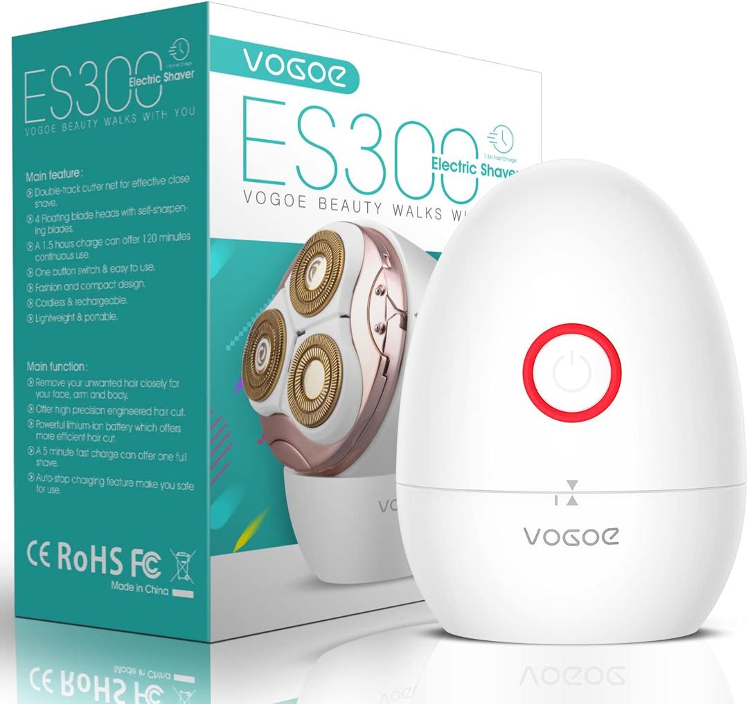 VOGOE Electric Shaver for Women 3D Floating Blade Rotary Razor Hair Remover for Arms, Legs and Underarms Rechargeable Portable and Safe Wet and Dry Use ES300 (White)