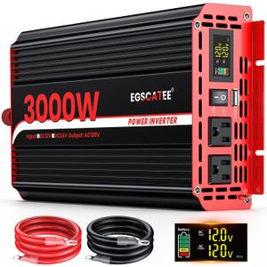 3000 Watts Power Inverter 12V DC to 110V/120V AC Converter Peak Power 6000W Car Inverter with LCD Display, 2 AC Outlets, 3.1A USB Port for RV, Camping,Truck, Boat, Off-Grid Solar System