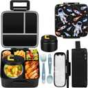 MAISON HUIS Bento Lunch Box with 8oz Soup Thermo, 5-Compartment Leak-Proof Container, Thermo Hot Food Jar and Insulated Lunch Bag, BPA Free, Travel, School (Black-Astronaut2)
