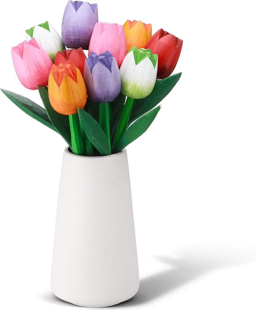 CroBlissful 10 Pcs, 9 Inch Spring Wooden Tulip Flowers for Vase Spring Decorations Wood Tulips Table Centerpieces for Mother's Day Valentine's Day Easter Decor Home Tabletop, Multicolor