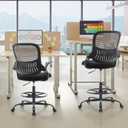 Sweetcrispy Tall Drafting Desk Chair - Ergonomic High Stool Computer with Adjustable Height and Comfy Lumbar Support, Office Rolling Counter with Flip-up Arm and Footrest, Black, 48.4 inches x 24 inches x 25.2 inches