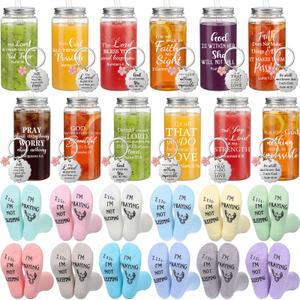 Unittype 36 Pcs Christian Gifts Bulk Mother's Day Church Gift 13.5 oz Bible Verse Plastic Cup with Lid Straw Religious Prayer Socks Inspirational Keychain for Women Men Christian Party Favor