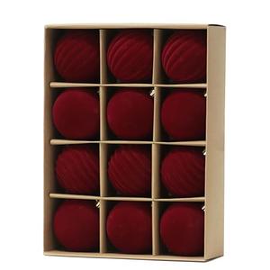 Senjie 3.15inch Burgundy Velvet Christmas Ornaments Balls Flocked Christmas Tree 16PCS Plastic Balls Xmas Hanging Ornaments Decoration Red