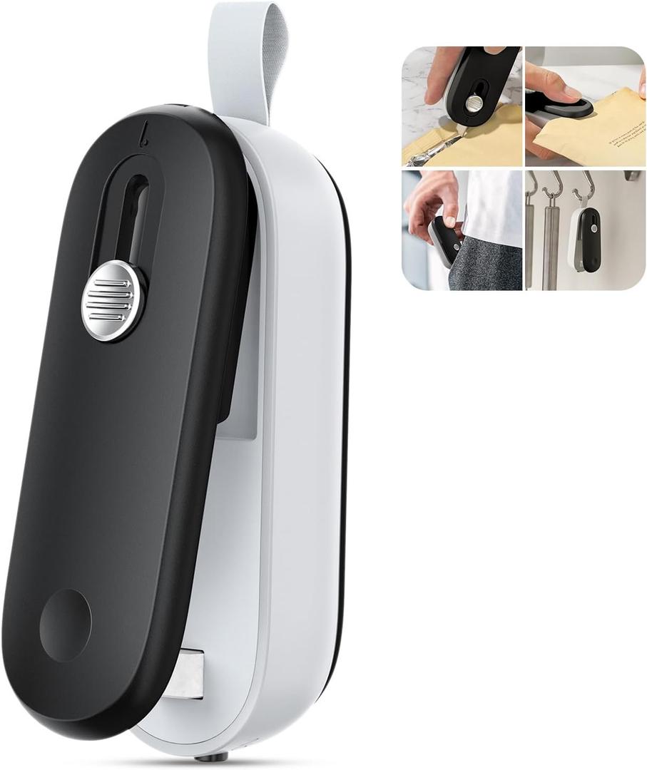 ODSD 2 in 1 Mini Bag Sealer - Heat Seal and Cutter with Lanyard, Portable Handheld Chip Bag Sealer for Snacks, Candies, Food Storage (Batteries Included) (Black/White)