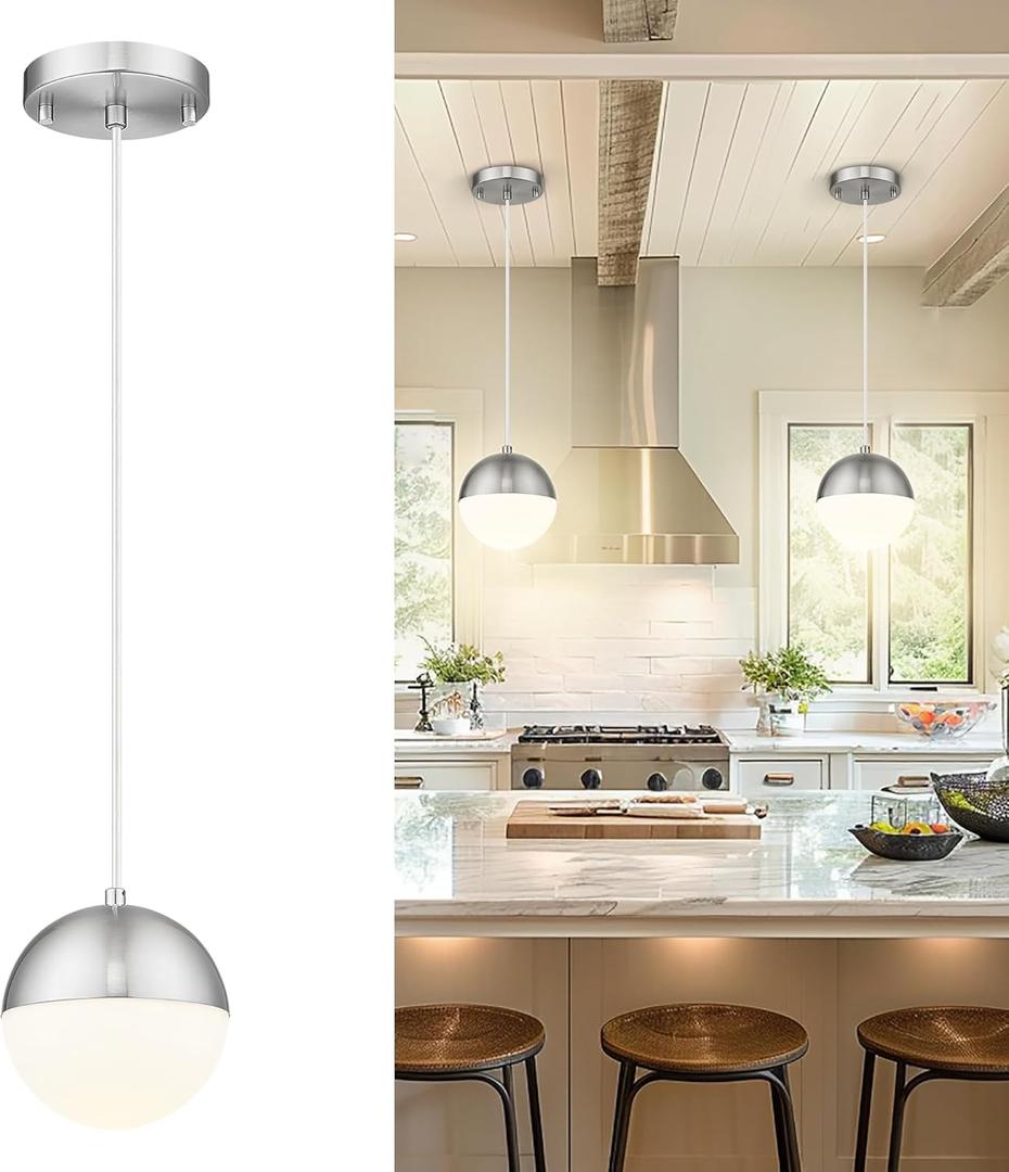 LMS 6-inch Brushed Nickel Pendant Light, Mid Century Kitchen Island Pendant Light Fixtures with White Globe Glass, Adjustable Hanging Light for Dining Room Bedroom Bathroom, LMS-186BNS (Silver)
