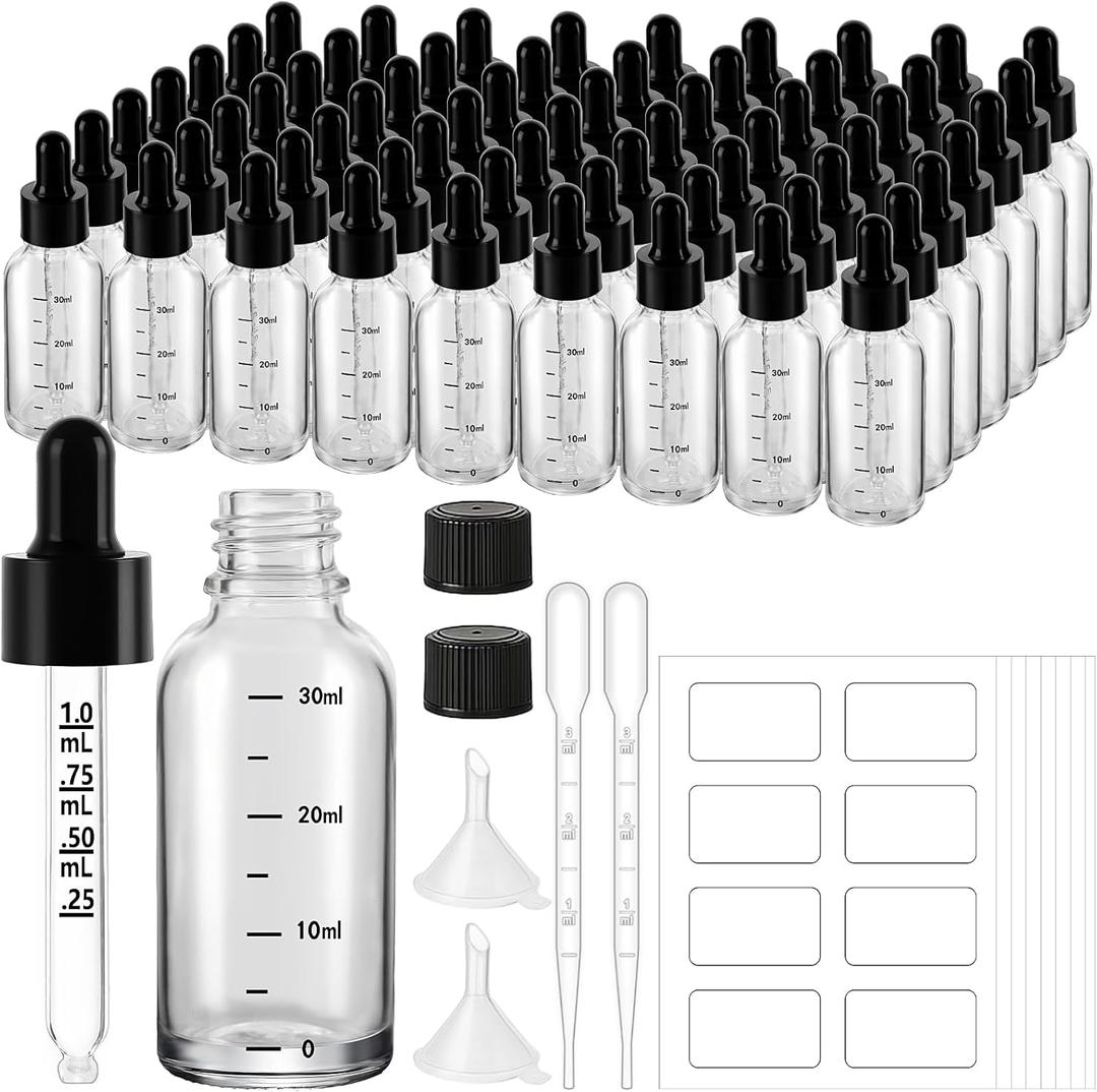 UPBUD 63 Pcs 1oz Clear Glass Dropper Bottles with Measurement, 30ml Leakproof Tincture Bottles with Funnels, Eye Droppers, Extra Caps & Labels, Refillable Empty Bottle for Tinctures, Essential Oils