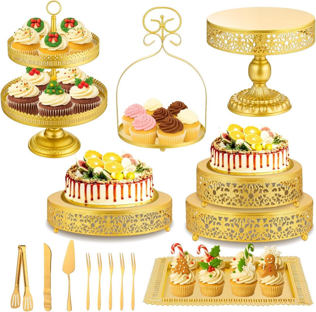 Wenqik 15 Pcs Gold Cake Stand Set Metal Dessert Display Set Tiered Cupcake Holder Square Serving Trays Round Tower Tray Platter for Wedding Birthday Party Celebration (Classic Style)