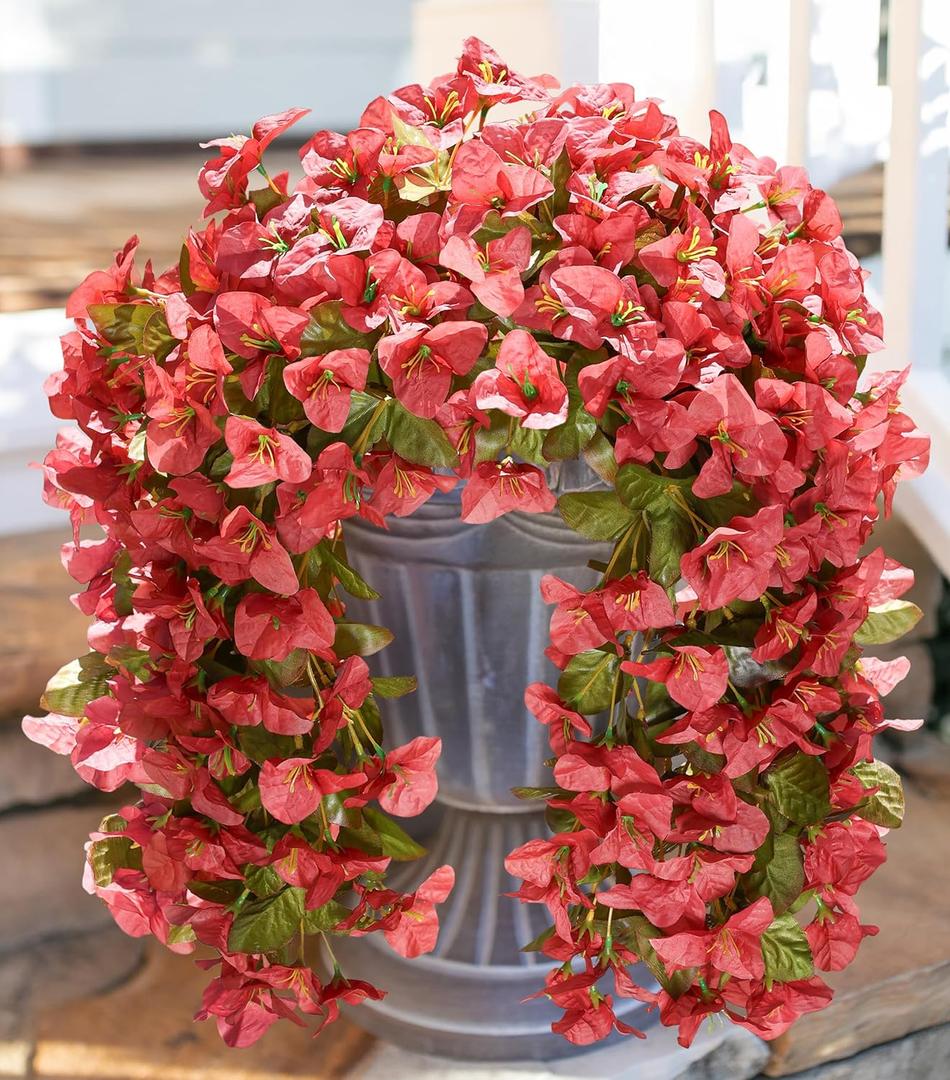 HyeFlora Bougainvillea Artificial Hanging Flowers Plants for Outdoors Winter Decoration, 2pcs Faux Bougainvillea Vines Red Fake Flowers Realistic UV Resistant Silk Flowers for Outside Planter Yard Urn