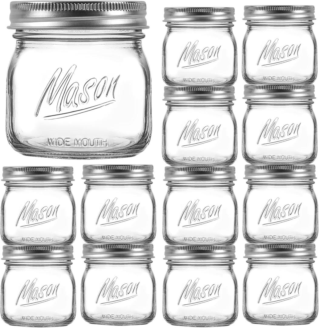 Ieavier 12PCS Wide Mouth Mason Jars 16oz with Airtight Lids and Bands, Canning Jars with Crystal Glass for Food Storage, Spice Jars, Canning, DIY Projects, Jam, Jelly, Honey, Preserving, Drinking