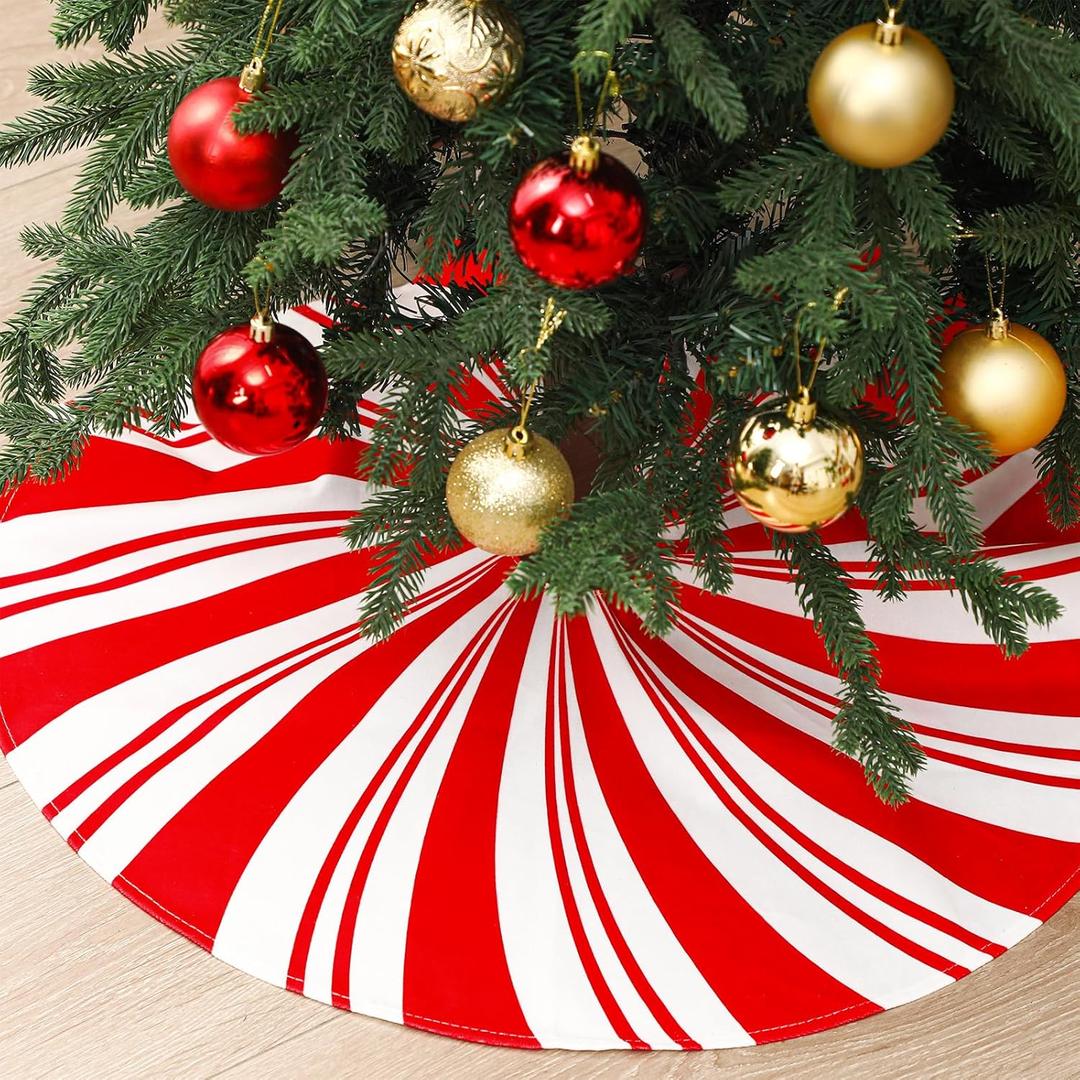 24 Inch Candy Cane Swirl Christmas Tree Skirt Red and White Christmas Tree Mat Reusable Peppermint Candy Ornaments for Xmas Winter Home Office Decoration Party Supplies