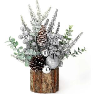 Small Christmas Tree Tabletop Artificial Mini Christmas Tree Decorations with Holiday Ornaments Red Berry Pine Cone Greenery for Home Indoor Fireplace Mantel Xmas Decor (Tree Stump-Silver)