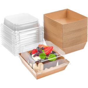 Kucoele 50 Pack Small Charcuterie Boxes with Clear Lids, 4 Inches Paper Bakery Boxes Dessert Boxes Disposable To Go Food Containers for Cookie, Cake Slice, Mini Cake, Chocolate Strawberry (Brown)