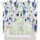 Floral Semi Sheer Curtains Swag Valances, Spring Blue and Yellow Flower Simple White Background Rod Pocket Swag Curtains, Sheer Short Window Swags for Kitchen Bedroom, 2 Panels, 36x36 Inches